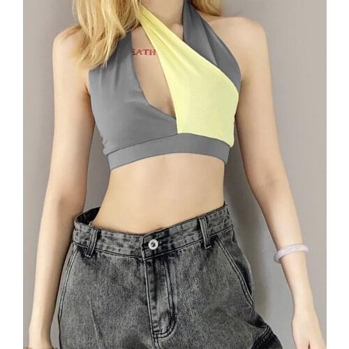 Summer Gray Sleeveless Backless Crop Tops Woman Caims Halter Sexy bodycon Tank Top Club Party Ladies Color Block Bustier Tops