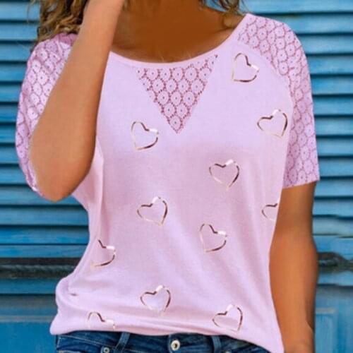 Hearts Printed Summer Womens T Shirt Casual O Neck T-shirt Lace Hollow Out Stitching Short Sleeve Female Blouse Top Streewear