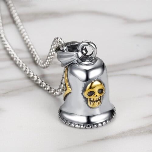 Retro Figure13 Skull Bell Pendant Necklace Titanium Steel Two Color Pendant Mens and Womens Motorcycle Party Jewelry