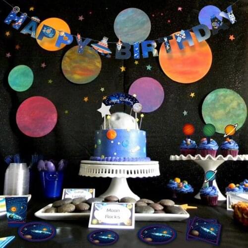 Outer Space Party Disposable Tableware Set Galaxy Solar System Astronaut Rocket Ship Foil Balloons Boy Birthday Party Supplies