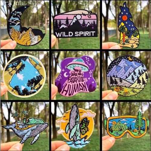 Prajan Space Patch Iron On Outdoor Travel Embroidered Patches For Clothes Mountain Adventure Clothing Sticker Nature Patches