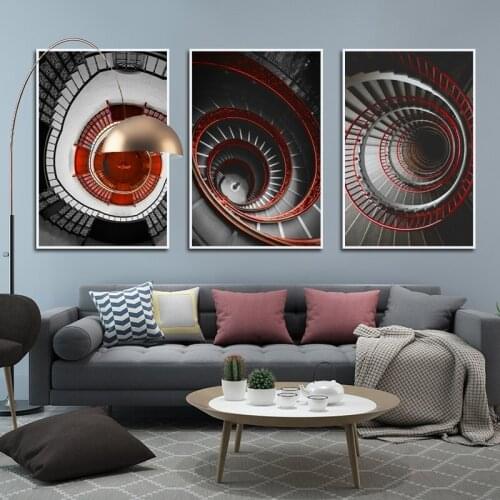 Nordic Wall Art Poster Printing Canvas Oil Painting Modern Simple Black and White Red Revolving Staircase Home Decoration Mural