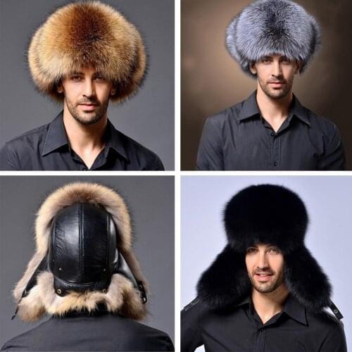 2018 New Winter Mnes Bommer Hats Mens Winter Raccoon Fur&Lamb Leather Russian Hunter Hat Trapper Ear Hats