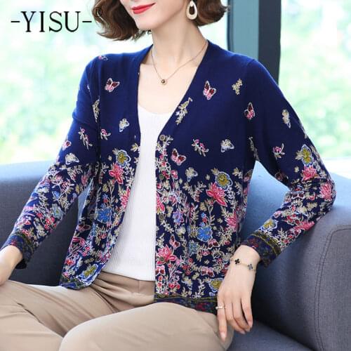 YISU New Women Cardigans Sweater V-Neck Butterflies printing Knitted Coat Cardigan Single Breasted Casual Knit Jacket Sweater