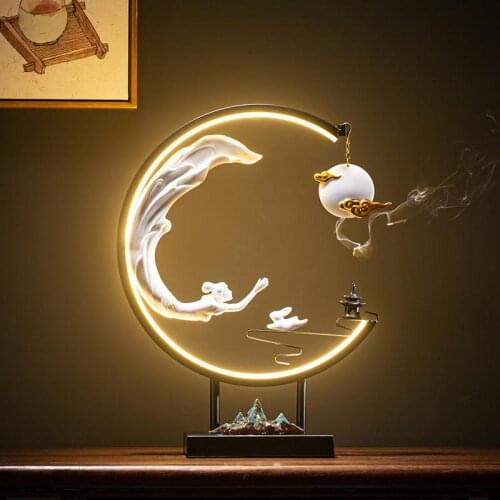 Backflow Incense Burner Chinese Style Led Light Ring Living Room Porch Zen Home Furnishings Aromatherapy Holder Creative Decor