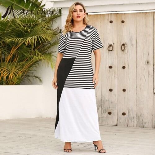 Summer Women Long Striped Splice Dress Party Female Boho Beach Elegant Skirt Short Sleeve Loose Office Ladies Vestido Plus Size
