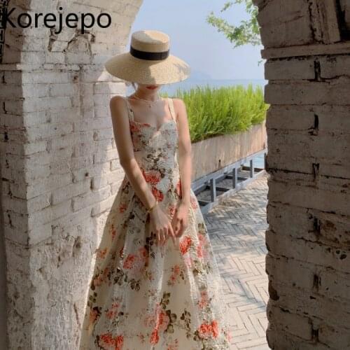 Korejepo Women Dress 2021 Summer Ladies French Elegant Retro Temperament Palace Style Floral Print Suspender Princess Vestidos