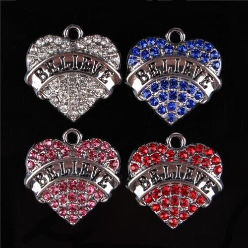 5PCS BELIEVE Sweet Heart Clear Crystal Alloy Charms Pendant Fit DIY Necklace Bracelet Party Jewelry Accesories Gift