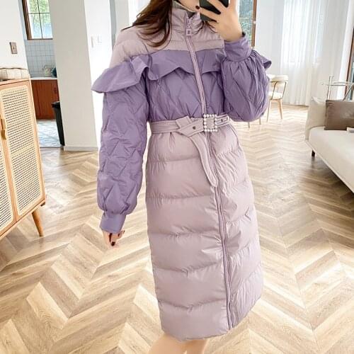 French Retro Ruffle Lazy Style Stand-up Collar Mid-length Down cotton Padded Jacket Winter Clothing Women 2021