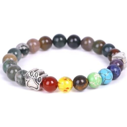Seven Chakras Dog Cat Footprint Paw Heart Charms 8mm Colourful Stone Beads Bracelet Pet Lover Strench Jewelry