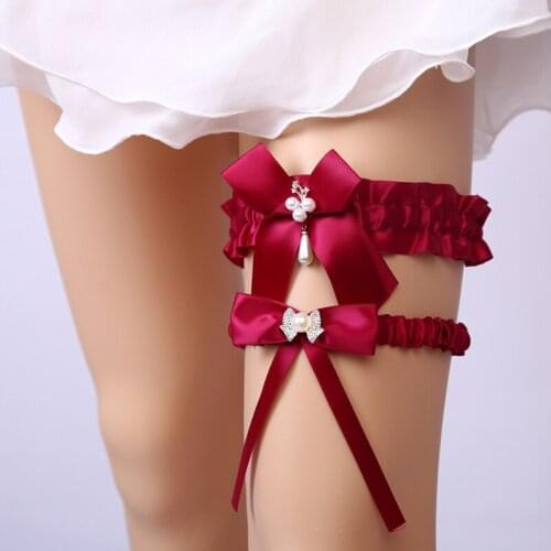Wedding Garters Set Bride Keepsake Garters Satin Bowknot Pearl Crystal Bridal Garter Belt Toss Set For Women/Female Leg Garter