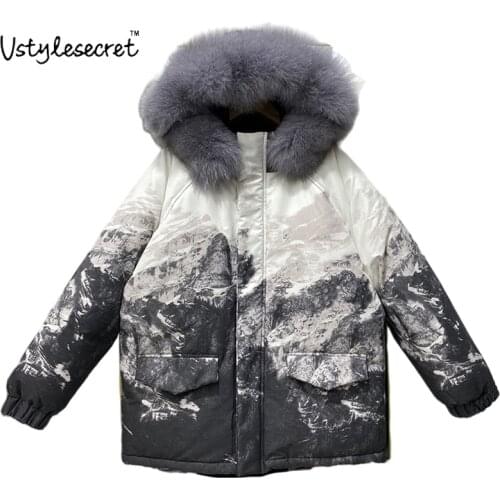 Thicked 90% White Duck Down Winter Men Women Parkas Hooded Fox Fur Collar Coat Couple Snow Mountain Print куртка женская U10827