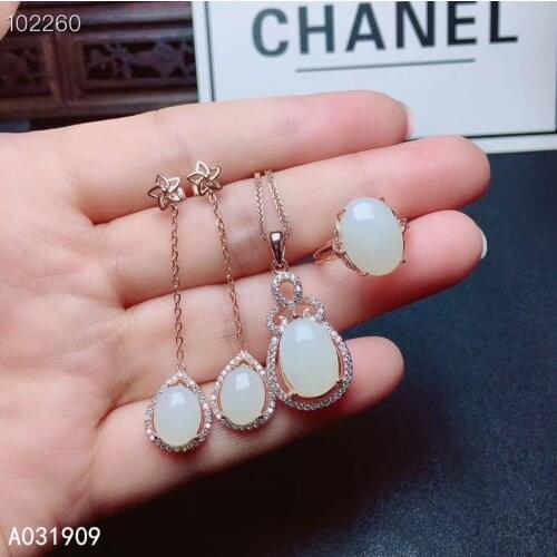 KJJEAXCMY boutique jewelry 925 sterling silver inlaid Natural White jade Necklace Ring Earring Set Support detection exquisite