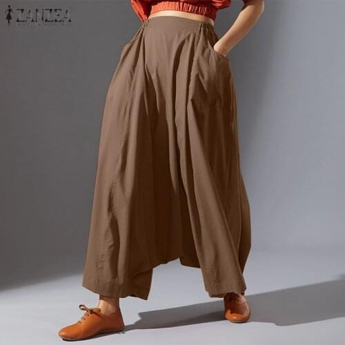 Womens Fashion High Elastic Waist Harem Pants Oversized Basic Plain Drop Crotch Overalls ZANZEA Baggy Wide Legs Long OL Trousers