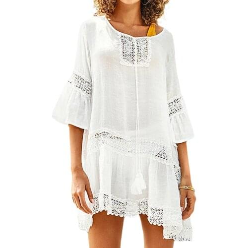 WomenS Sexy Solid Color Stitching Pullover Ladies Round Neck Short-Sleeved Hollow Sunscreen Blouse 2021 New Holiday Beach Skirt