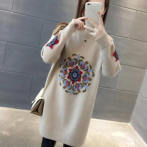 2020 New Spring Autumn Winter Women Knitted Pullovers Sweater Female Plus size Embroidery Long Sweater Dress Jumper Tops 3XL