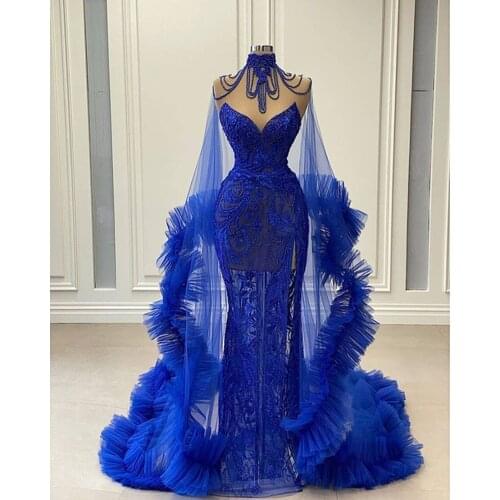 Real Image Illusion Royal Blue Lace Prom Dresses With Tulle Cloak Sexy See Thru Beaded Side Split Long Prom Gowns Robe De Soiree