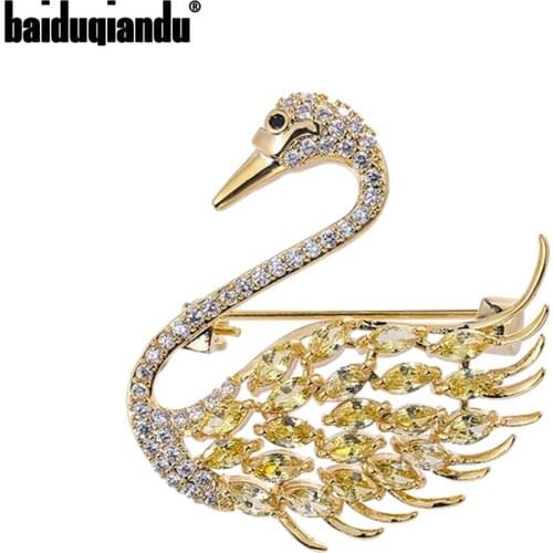 Baiduqiandu Women Men Cubic Zircon Swan Brooches Pins Gold/Silver Plated 2-color Elegant Bird Animal Corsage Brooch Jewelry