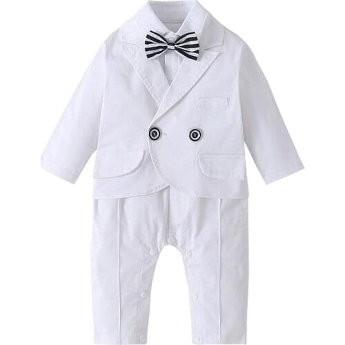 White Tuxedo Bow Tie for Newborn Baby Boy Rompers Set Boys Gentleman Suit Coat + Romper Jumpsuit Infant Outfit