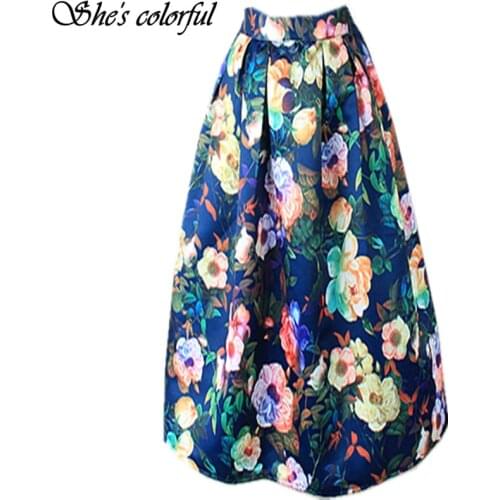 New Women100cm Non-transparent Fashion Satin Long Skirt Vintage Retro Floral Print High Waist Pleated Flared Maxi Skirt FASK21