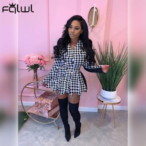 FQLWL Streetwear Houndstooth Patchwork Long Sleeve Mini Dress Women Sashes Bodycon Short Dress Female Pleated Dress Ladies 2021