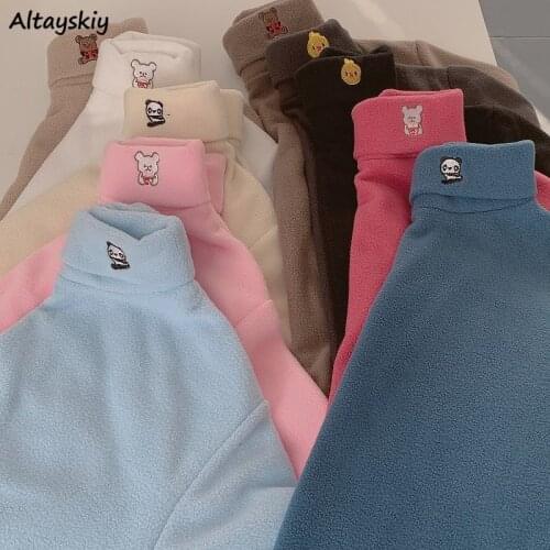 Long Sleeve T-shirts Women Inside Lovely Harajuku Turtleneck Students All-match Warm Solid Color Soft Trendy Korean Style Womens