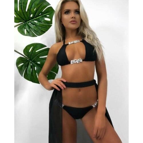 New Fashion 2PCS Lady Push-Up Halter Bra Low Waist Sequined Thong Rhinestone Bikini Set Swimwear Swimsuit Beach Holiday Clothes