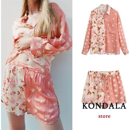 KONDALA Za 2021 Fashion Autumn Floral Vintage Women Sets Patchwork Oversized Long Shirts and High Waist Wide Leg Shorts Suits