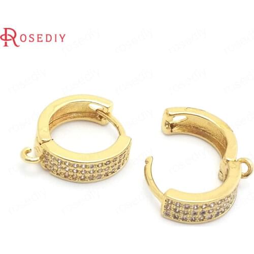 37858)4PCS 14.5MM 24K Gold Color Brass and Zircon Round Circle Loop Earrings Hooks Jewelry Making Supplies Findings Accessories