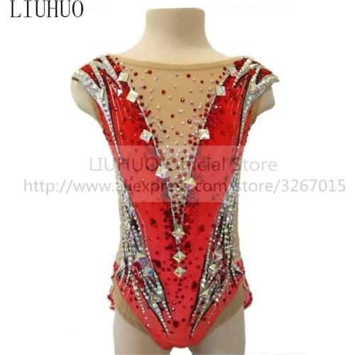 LIUHUO Womens Girls' Performance Rhythmic Gymnastics Competition Leotard Artistic Costume Ice Skating Dress Red Multicolor Kid