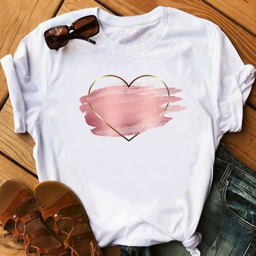 Love Heart Flower Print Ladies T-shirt Casual Womens Valentines Day O-neck White Short Sleeve Casual Shirt Футболки #30