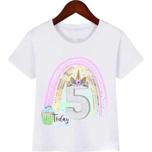 Fashion Girls T-shirts Happy Birthday Old Unicorn Graphic Print Childrens T Shirt for Kids Birthday Party Clothing
