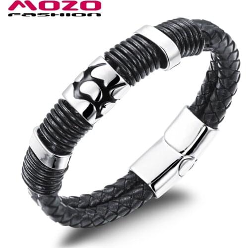 MOZO FASHION 2020 Hot Brand Vintage Jewelry Mens Bracelets Black Leather Rope Chain Stainless Steel Magnetic Buckle 944