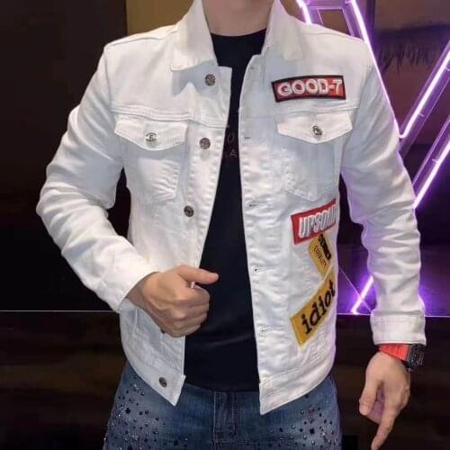 Trendy Jeans Coat Washed Hole Letter Label Printing Embroidery Fashion New Mens Denim Slim Fit Denim Jacket Black White