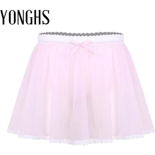 Mens Lingerie Sissy Crossdressing Skirts Elastic Lace Waist See Through Sheer Ruffled Sissy Crossdress Short Skirt Sex Panties