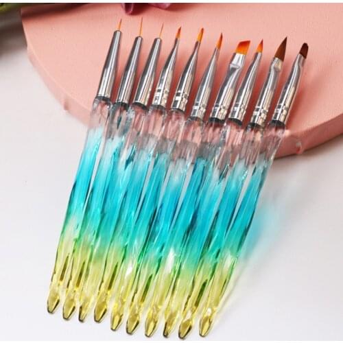 M4YA 10Pcs Nail Art Brush Set Colorful Gradient Crystal Handle DIY Liner Painting Pen