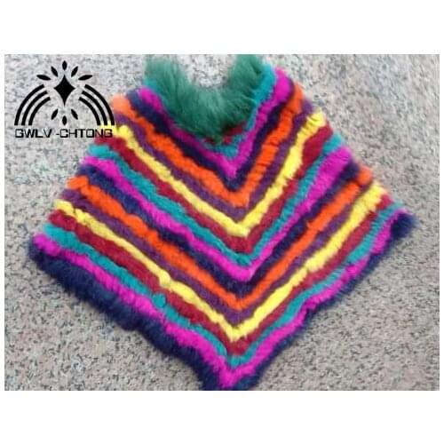 Genuine real natural womens knitted rabbit fur shawl with raccoon fur collar girls fashional multi-color colorfull sweater