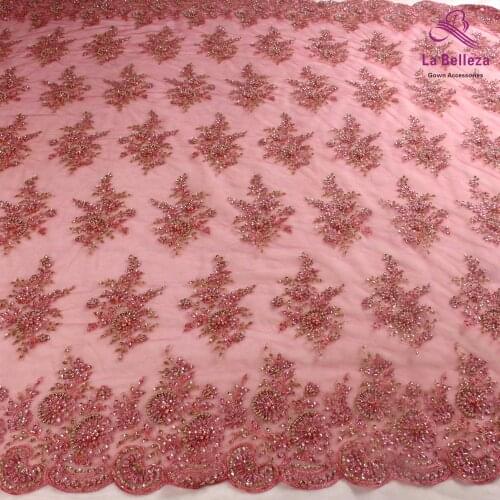 New fashion pink/wine heavy beads handmade on mesh wedding dress/stage dress lace fabric 1yard