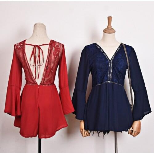 New Fashion Lace Hollow Out Backless Playsuits Women Summer Sexy Lace Up Deep V Playsuit Solid Flare Sleeve Chiffon Shorts Mw262