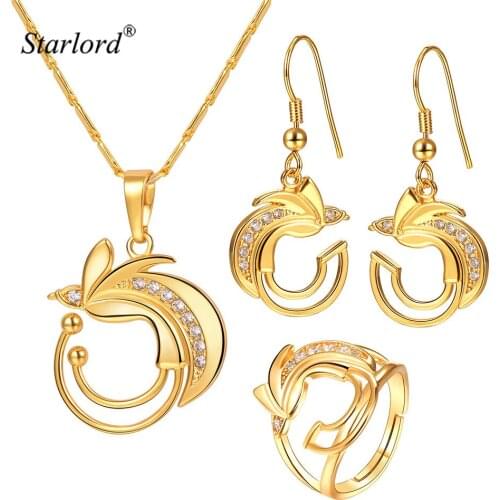 Birds of Paradise Necklace&Dangle Earrings& Adjustable Ring Set Gold Australia/Papua New Guinea Indian Jewelry Set PER2403