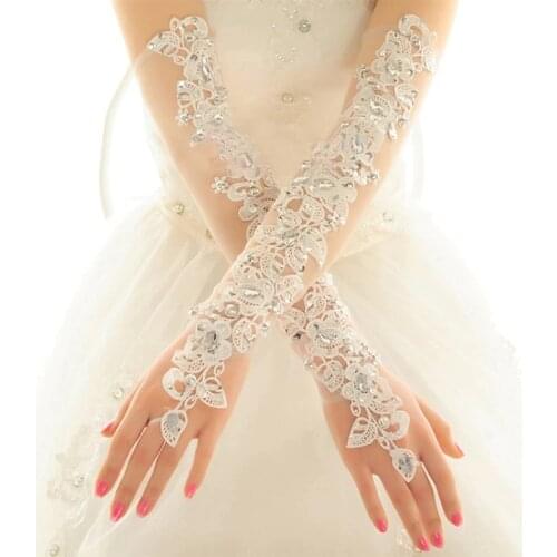 Opera Length Long Wedding Dress Gloves Crystals Diamond Gauze Embroidery Elegant Womens Lace Bridal Gloves Wholesale Cheap Price