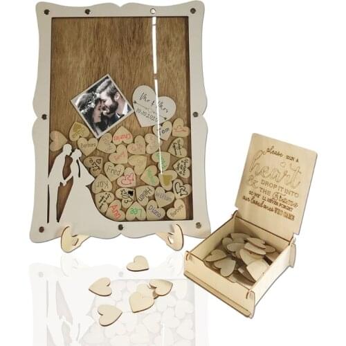 Personalized Wedding Guest Book Drop Top Frame Sign Book with Wooden Hearts Display Stand Photo Sticker Rustic Baby Shower Party