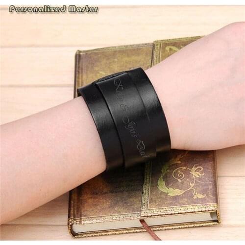 Personalized Master Customized Text Punk Bracelets Wide Genuine Leather Wrap Cuff Bangle Bracelet Wistband Adjustable Bracelet