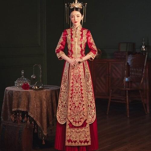 Retro Exquisite Embroidery Rhinestone Cheongsam Chinese Couple Wedding Suit Elegant Bride Marry Dress китайская одежда