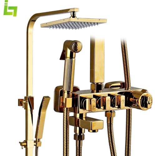 Luxury Gold Bathroom thermostatic Shower Faucet Set All Brass Shower Mixer Tap Bathtub Shower Mixer Tap 3-way Shower Mixe