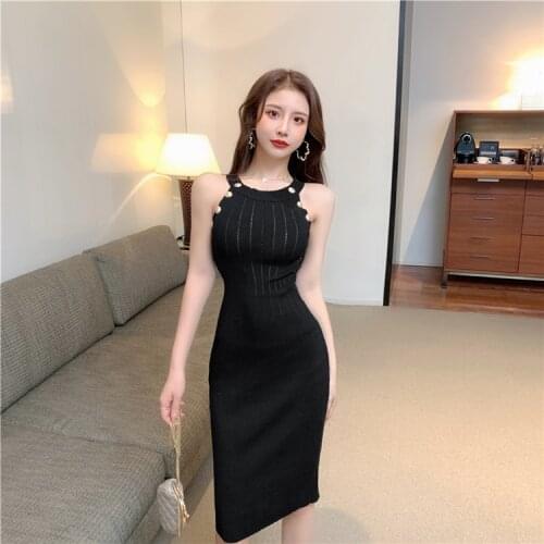 Sheath Knit Dress Girls Sexy Bodycon Buttons Soft Stretchy Classic Solid Midi Sweater Dresses For Women Summer 2021