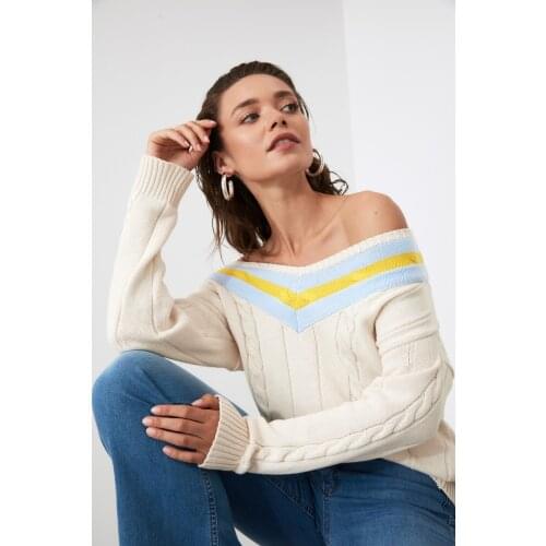 Ecru V Neck Knit Detailed Knitwear Sweater New Autumn Winter Women Pullovers Long Sleeve Casual Knitted Slim Jumpers Female