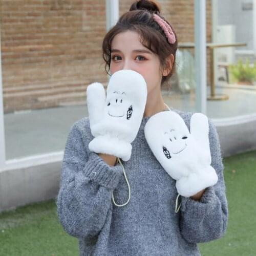 Women Winter Thick Velvet Cashmere Plush Wool Knit Warm Halter Mittens Female Cute Embroidery Dog Full Fingers Cycling Glove I48