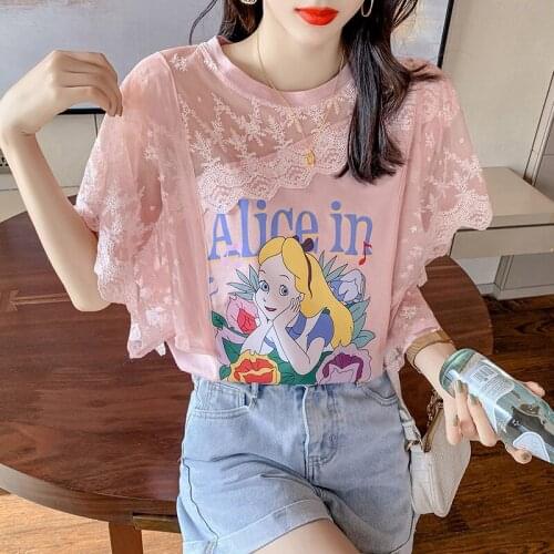 Ladies T-shirt Exquisite Lace T-shirts Fairy Print Short Sleeve Top Plus Size Women Tops Summer Kawaii Clothes Harajuku