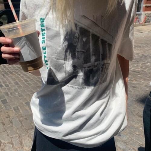 Letter Graphic Tee Shirt Women 2021 Summer Streetwear Short Sleeve Loose T Shirt Femme Casual Classic Band Cotton Tops Chic